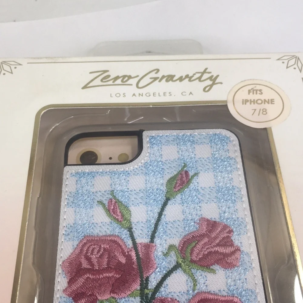 NEW Zero Gravity Iphone 7/8 cover embroidered roses with blue gingham